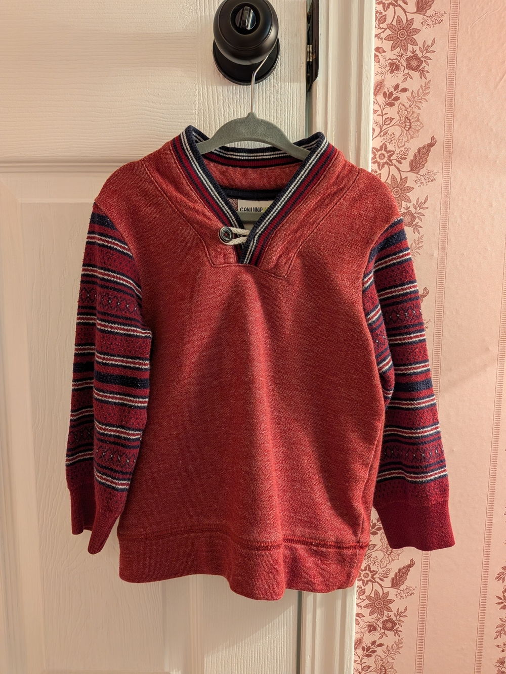 Kids Red V-Neck Sweater with Patterned Sleeves